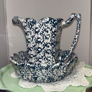 VINTAGE MCCOY BLUE & WHITE SPONGEWARE SPLATTER DESIGN BOWL & PITCHER